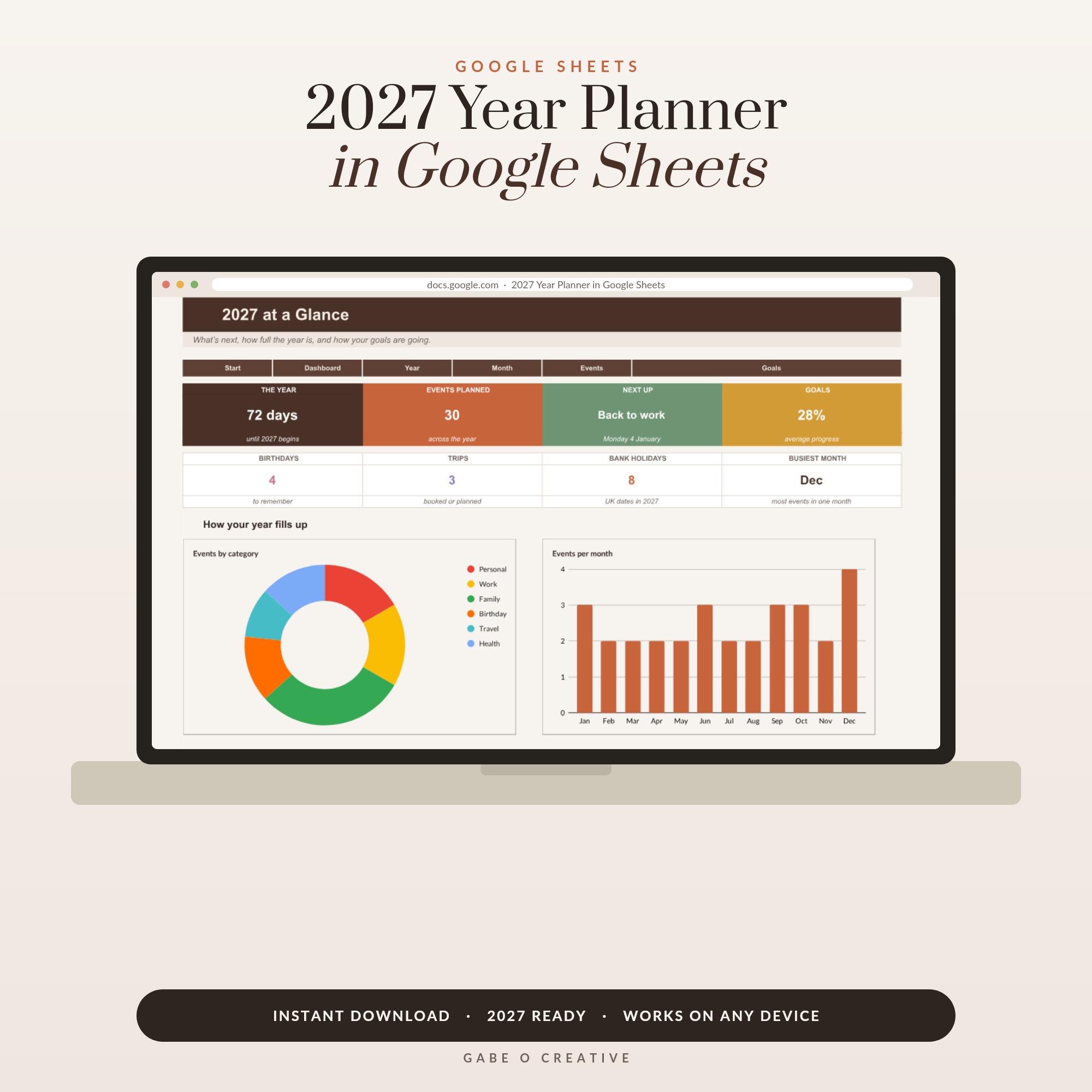 2027 Year Planner Google Sheets, Editable Wall Planner & Monthly Calendar with UK & US Bank Holidays, Events, Goals & Dashboard