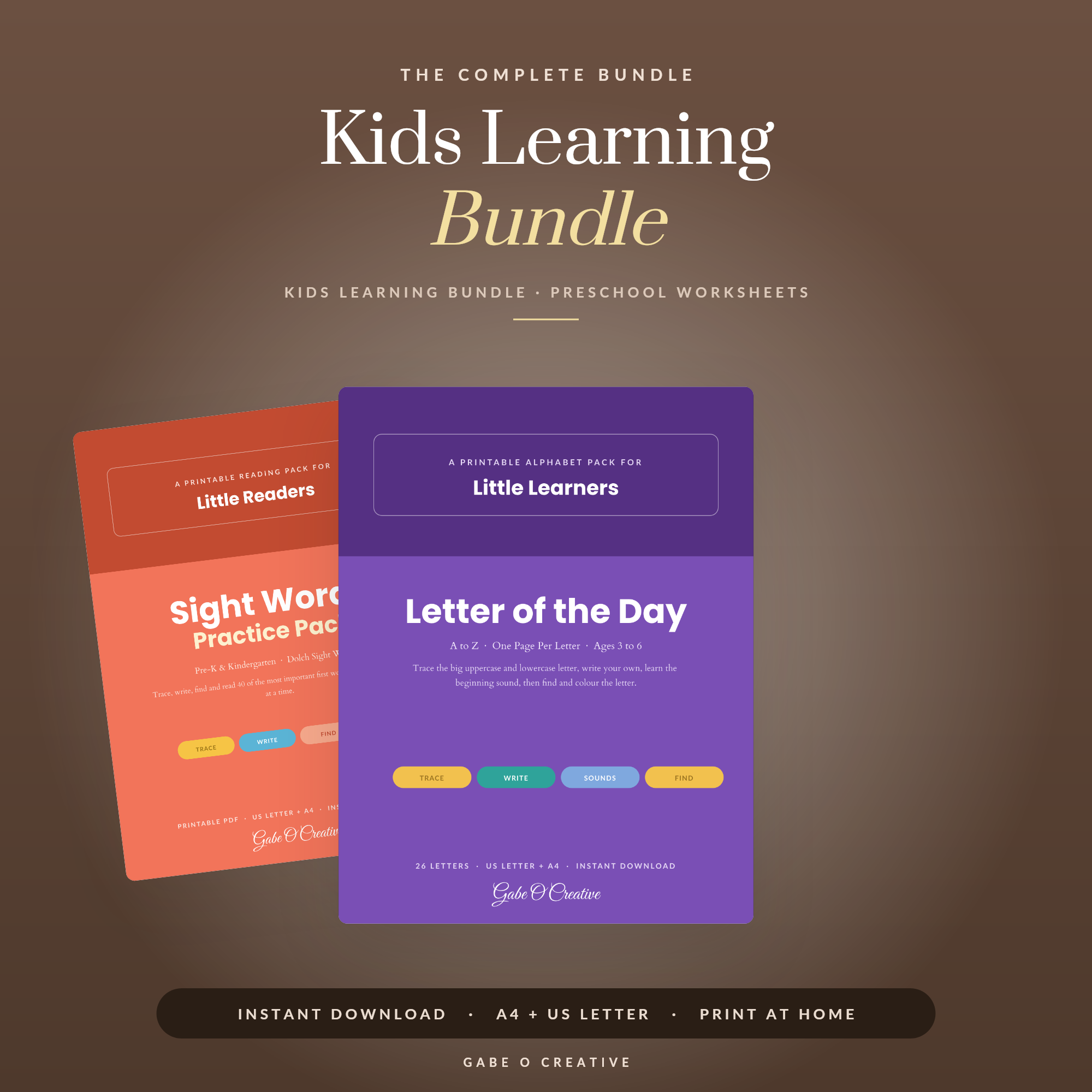 Kids Learning Bundle, 4 Printable Preschool and Kindergarten Packs in 1, Alphabet Sight Words Math and Tracing Worksheets, PDF