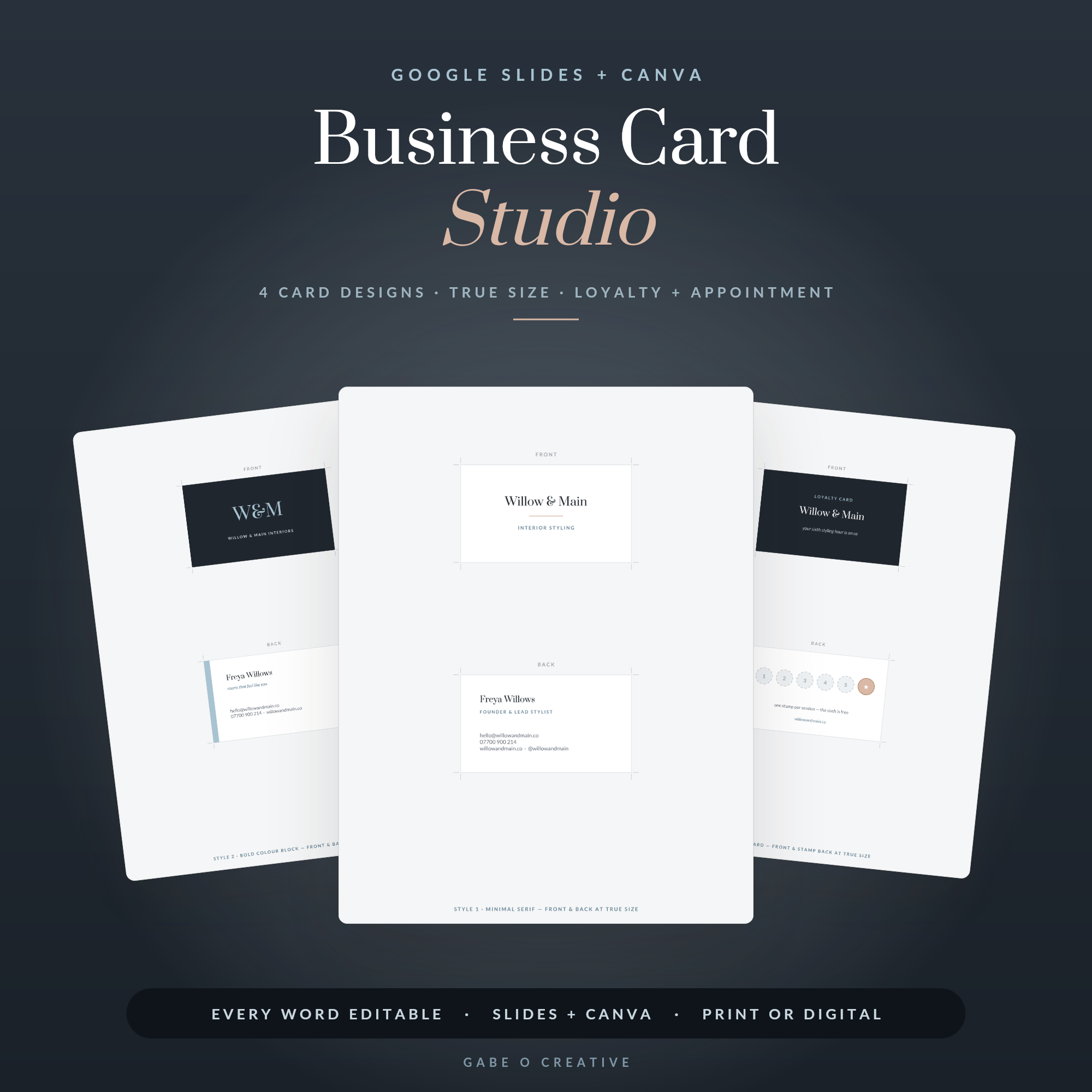 Business Card Templates — 4 Editable Card Designs for Google Slides & Canva with Loyalty Card & Appointment Card: Front & Back, True Print Size, Trim Guides