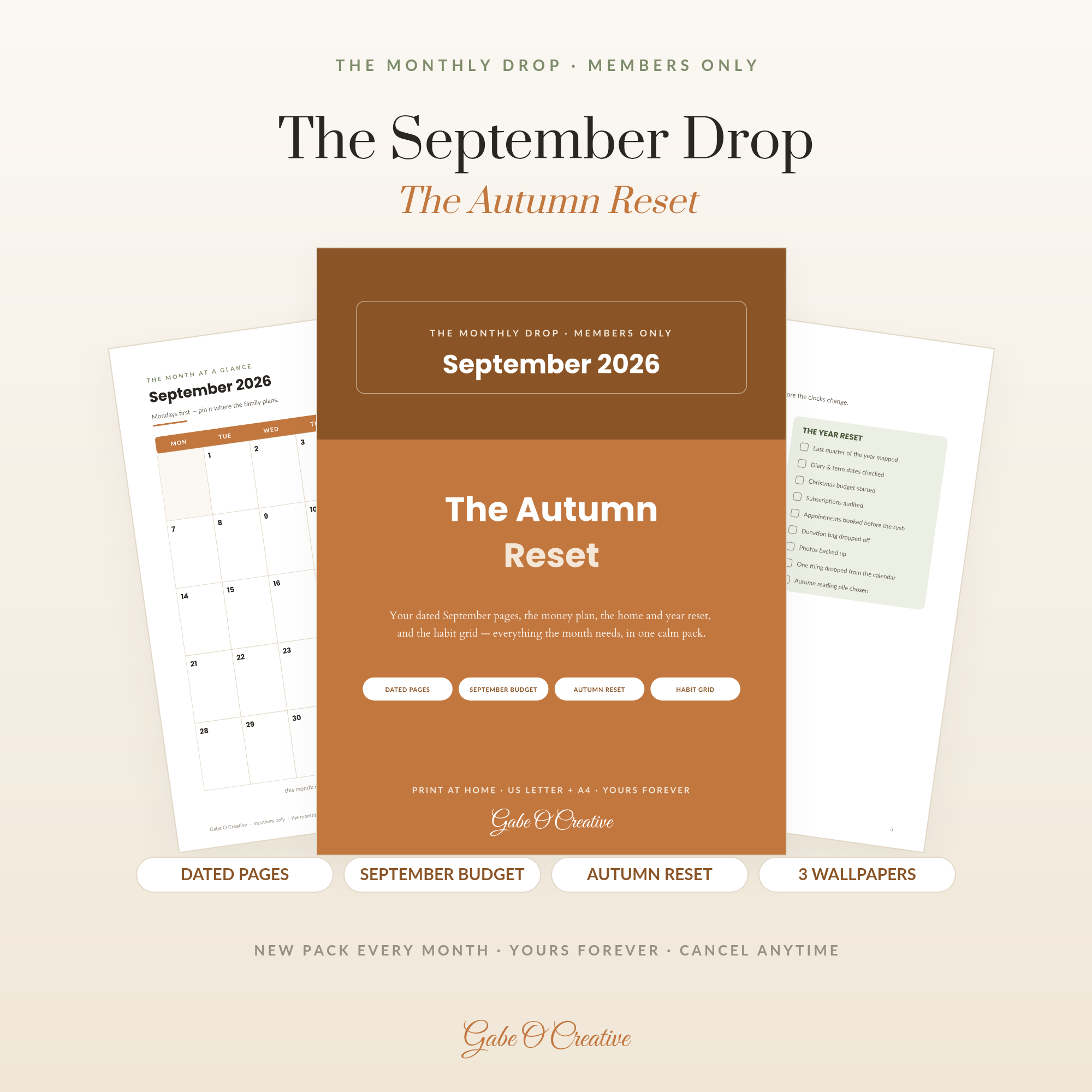 The September Drop — Members' Monthly Pack: Dated September 2026 Planner Pages, Budget, Autumn Reset Kit, 30-Day Habit Grid + Phone Wallpapers