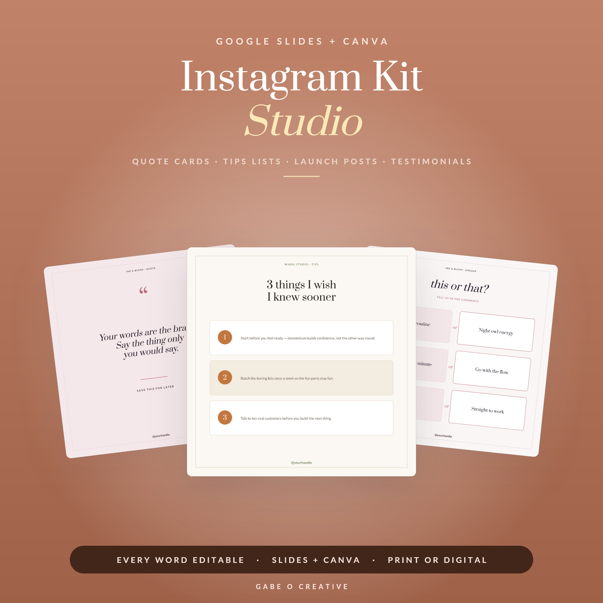 Instagram Kit Studio — 15 Editable Instagram Post Templates for Google Slides & Canva: Quotes, Tips, Launch, Testimonial & Engagement Posts in 3 Brand Moods
