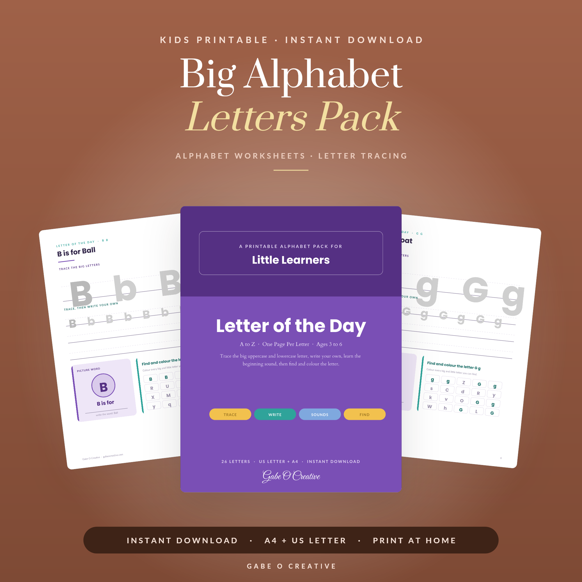 Big Alphabet Letters Pack, Printable A to Z Letter of the Day Worksheets, Trace Uppercase Lowercase and Beginning Sounds, PDF
