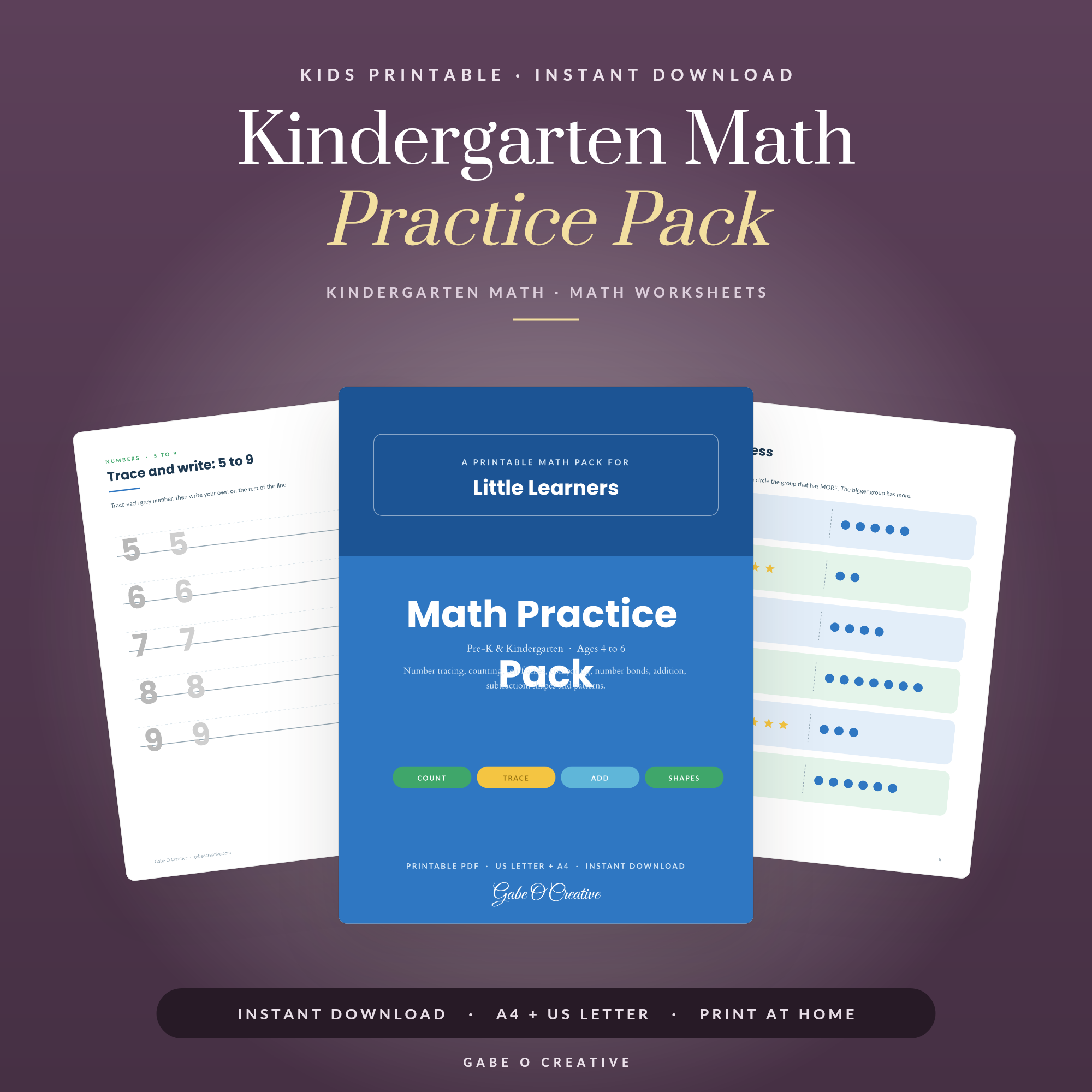 Kindergarten Math Practice Pack, Printable Number Worksheets, Counting Addition Subtraction Ten Frames and Shapes, PDF