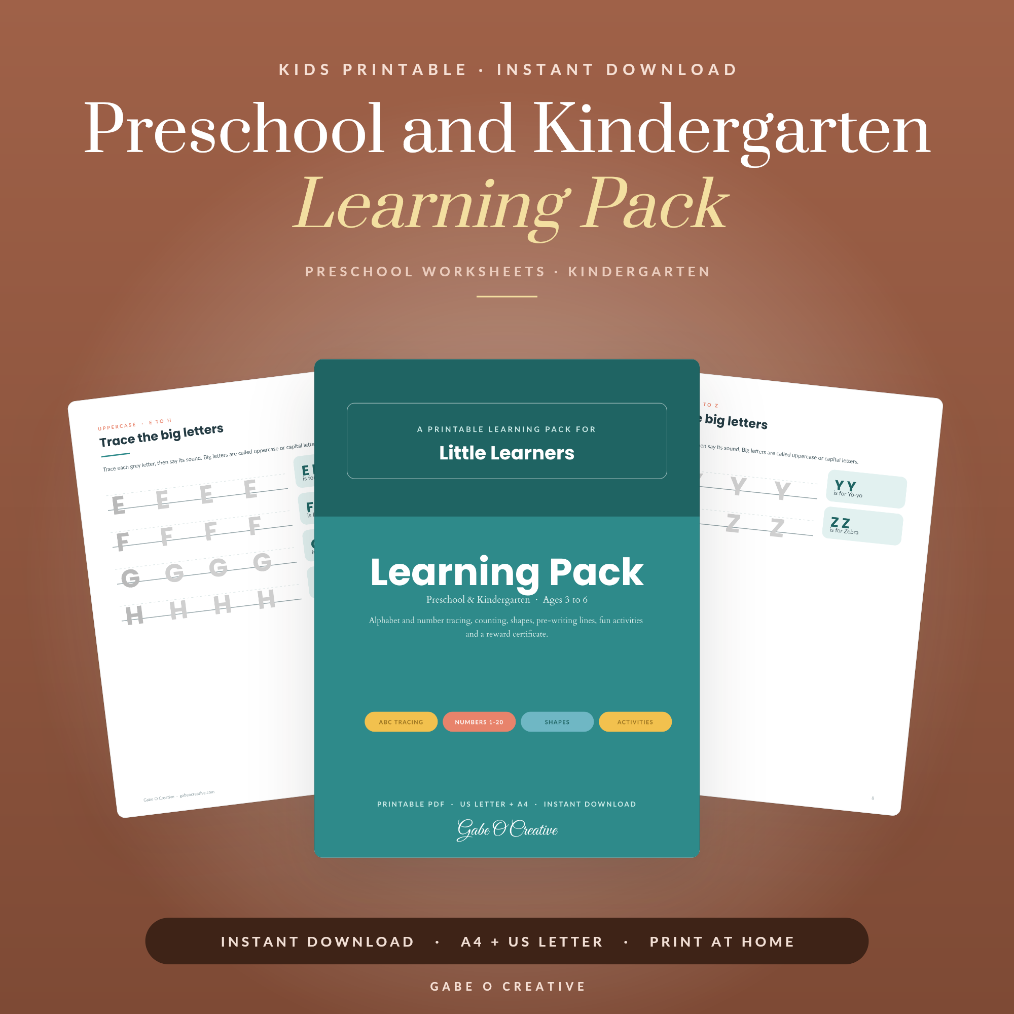 Preschool and Kindergarten Learning Pack, Printable Alphabet and Number Tracing Worksheets, Counting Shapes and Activity Pages, PDF