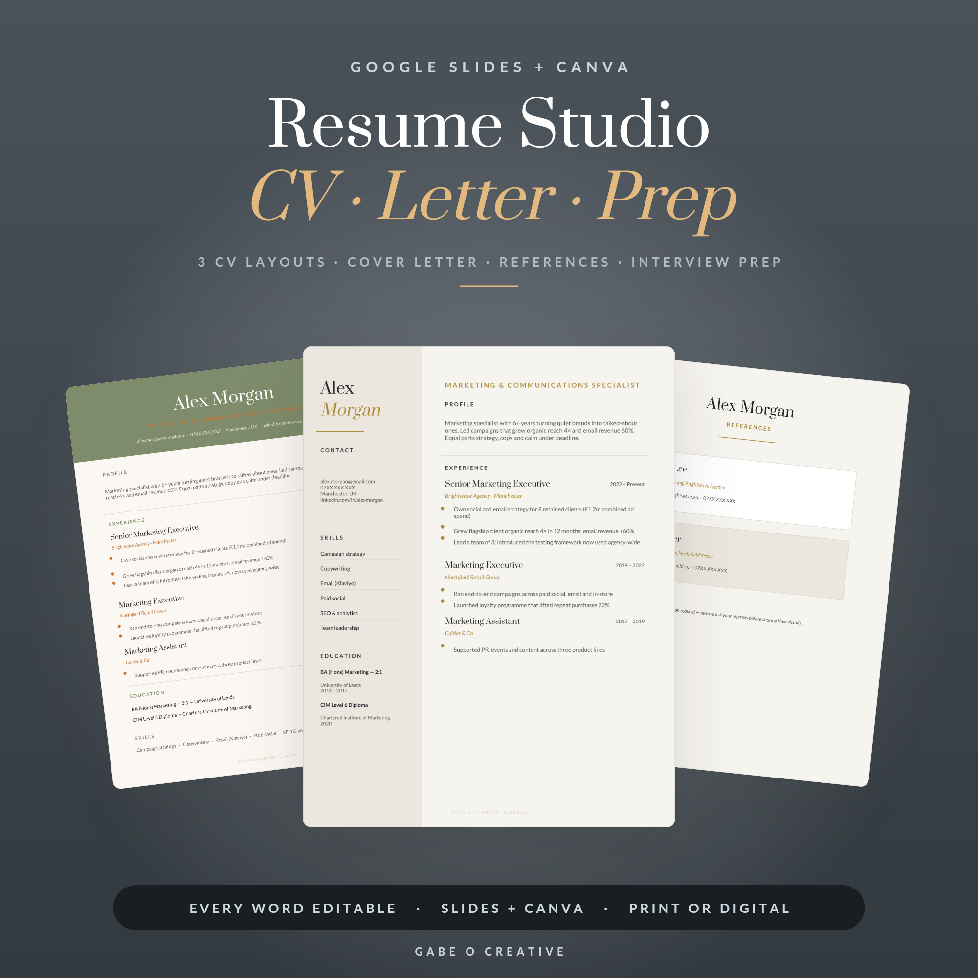 Resume Studio — Editable Google Slides + Canva CV Template: 3 Resume Layouts, Cover Letter, References & Interview Prep, 2 Themes